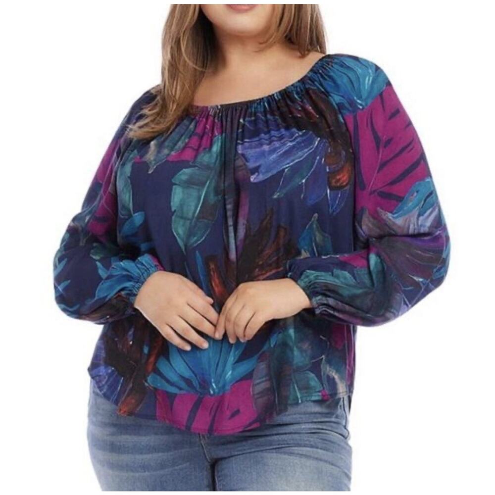 Karen Kane NWT Tropical Leaf Print Long Sleeve Blouse Size 0X, Cruise Vacation - Picture 1 of 8